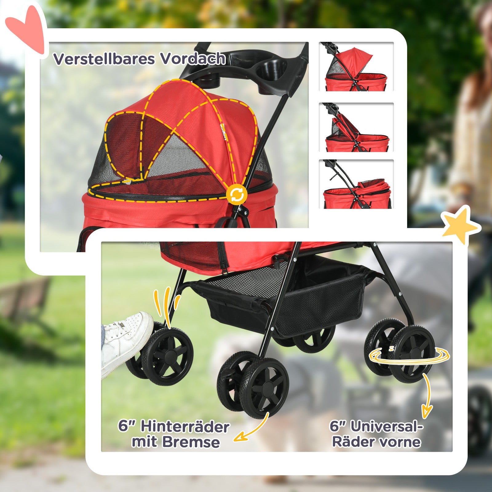 Hundewagen Pet Stroller Für Kleine Hunde Haustierwagen Klappbar Oxford Rot