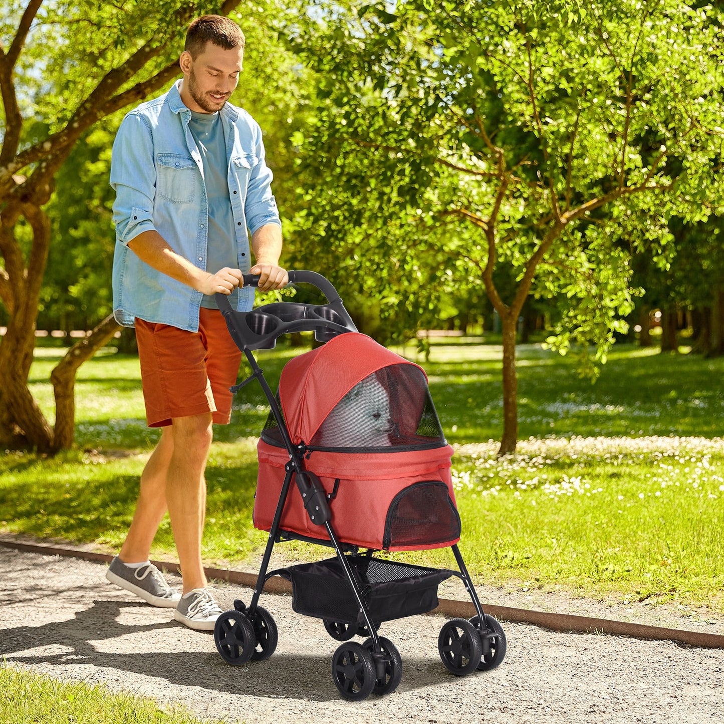Hundewagen Pet Stroller Für Kleine Hunde Haustierwagen Klappbar Oxford Rot
